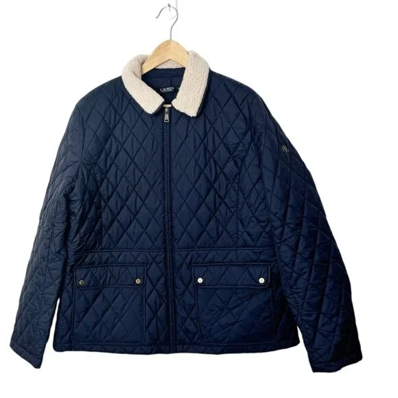 Lauren Ralph Lauren Berber Quilted Faux Shearling Trim Jacket navy blue size XXL - Picture 2 of 7
